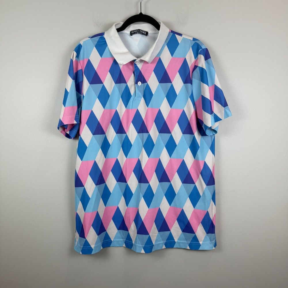 PJ Paul Jones Polo Shirt Mens Large Blue Pink Diamond Geo Print Golf Performance